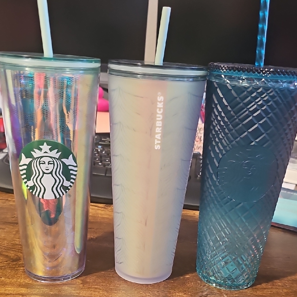 Starbucks Iridescent, White, and Blue Tumbler Trio